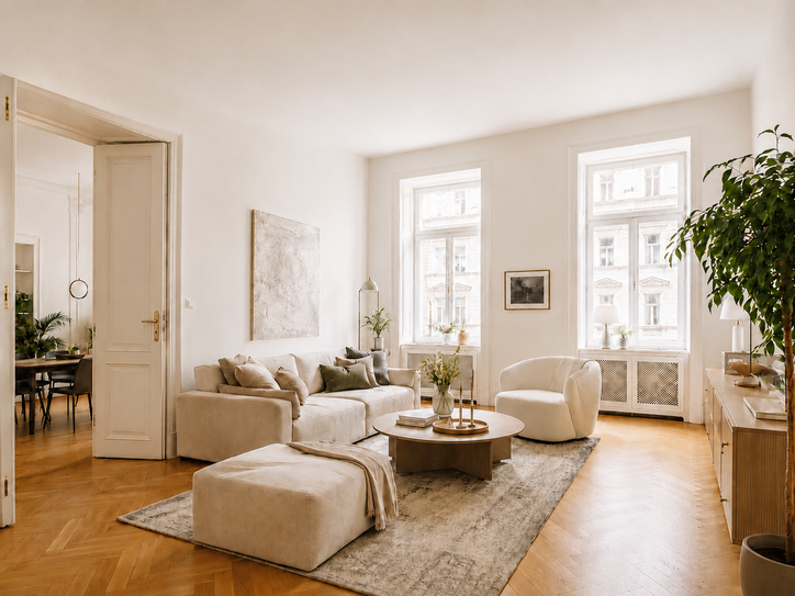 Helles Wohnzimmer einer Altbauwohnung zum Verkauf in Wien