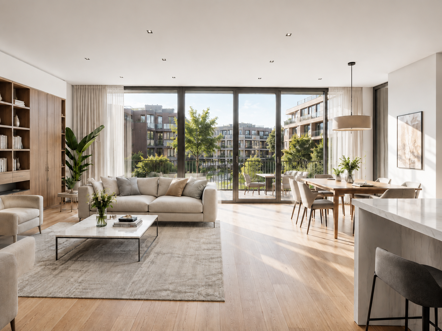 Helles Wohnzimmer einer modernen Neubauwohnung mit Balkon in Wien