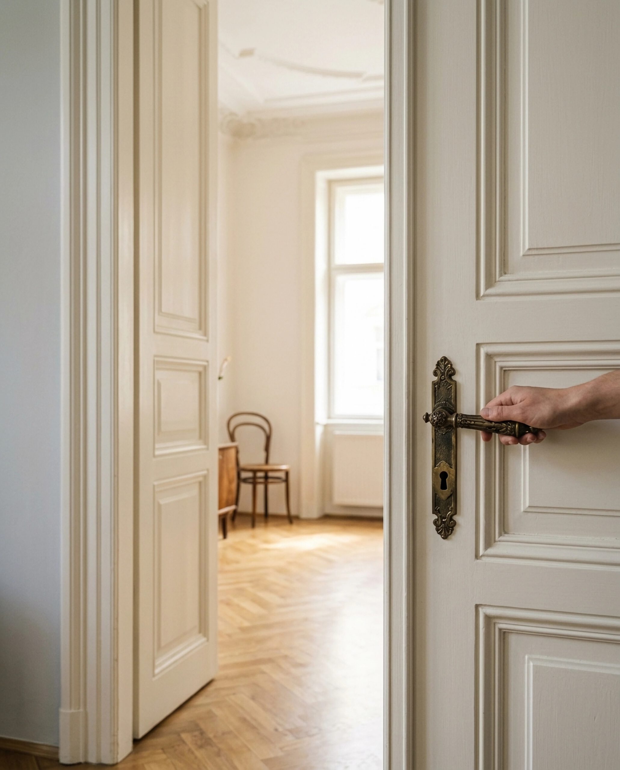 Hand öffnet eine weiße Altbautür mit verziertem Türgriff