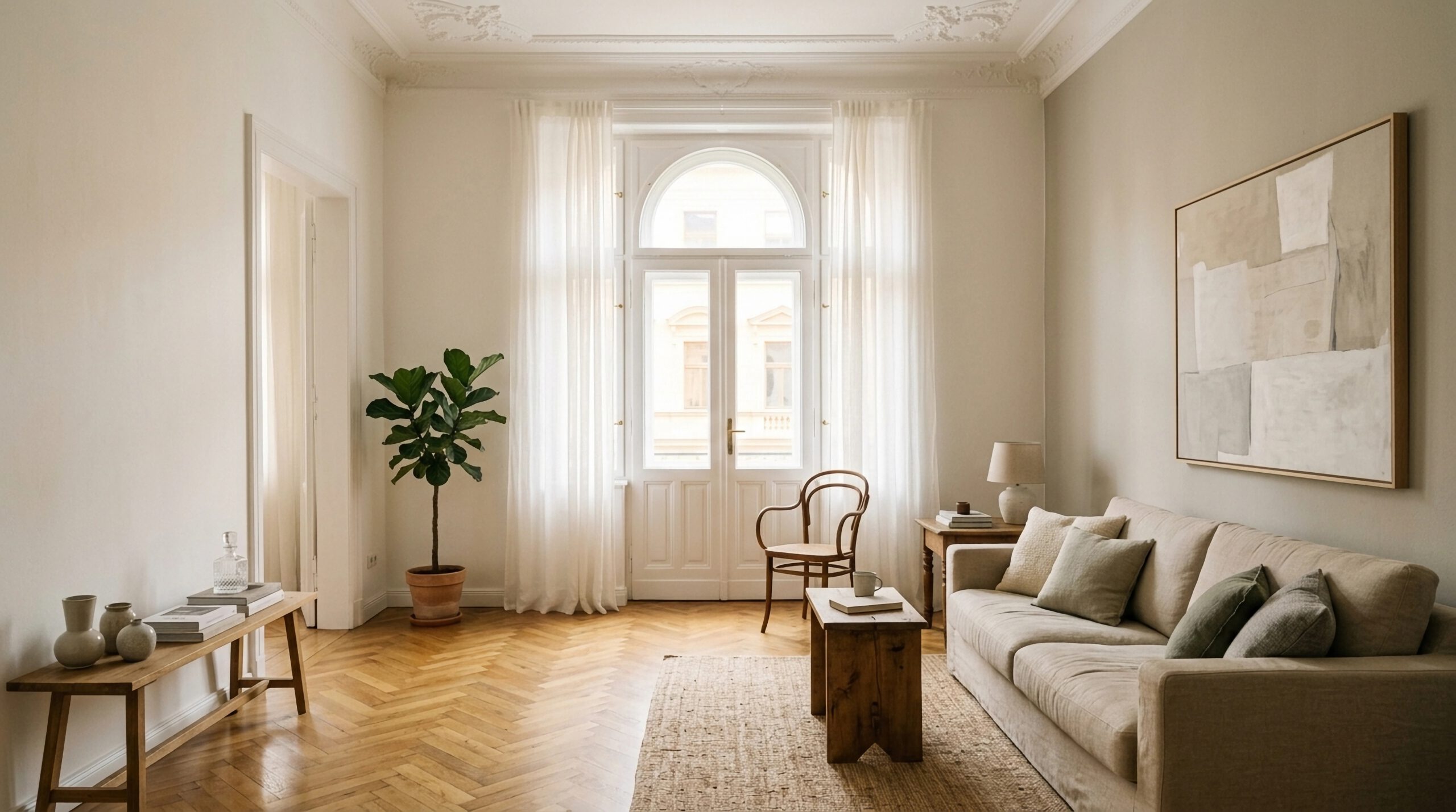 Helles Wohnzimmer mit Parkettboden, Sofa und hohen Fenstern