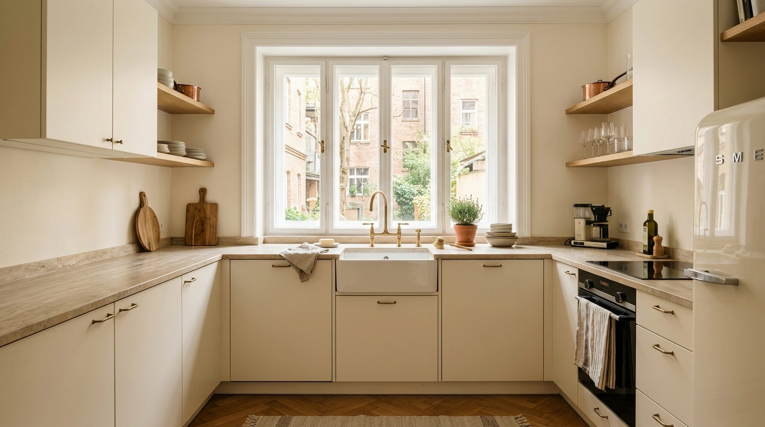 Helle Küche mit weißen Schränken und großem Fenster